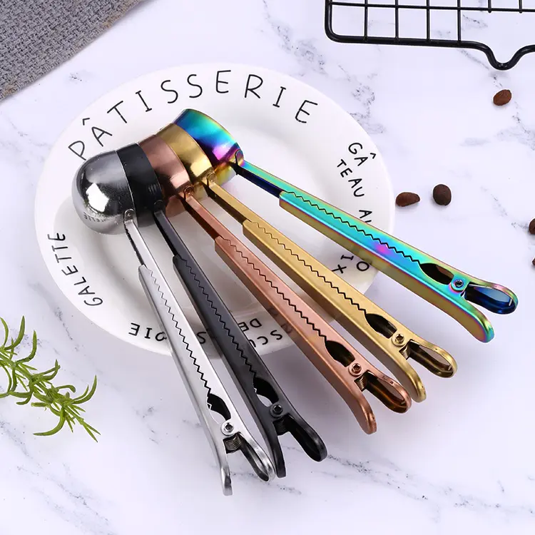 Kaffeebeutel-Clip Edelstahl mit Messlöffel - 3 Farben