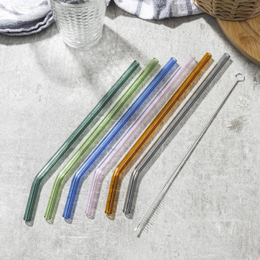 Trinkhalme aus Glas, 6er Set gebogen sortiert