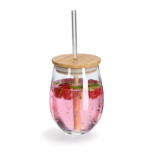 Trinkglas m. Bambusdeckel u. Glasstrohhalm 500 ml