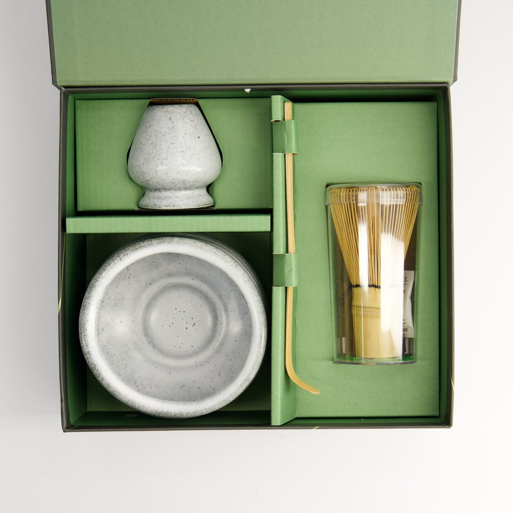 Matcha Schale Geschenkset, 4-tlg., 11 x 8 cm, Grau