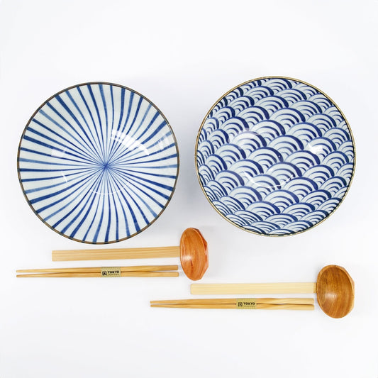 Ramen Schale Geschenkset, 6-tlg., Natsu, Blau/Weiß Ø 21x7,8cm 1000ml