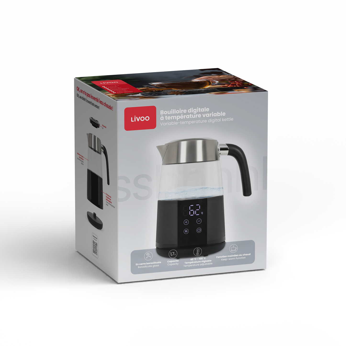Wasserkocher Borosilikatglas mit variabler Temperatur 1,7 L