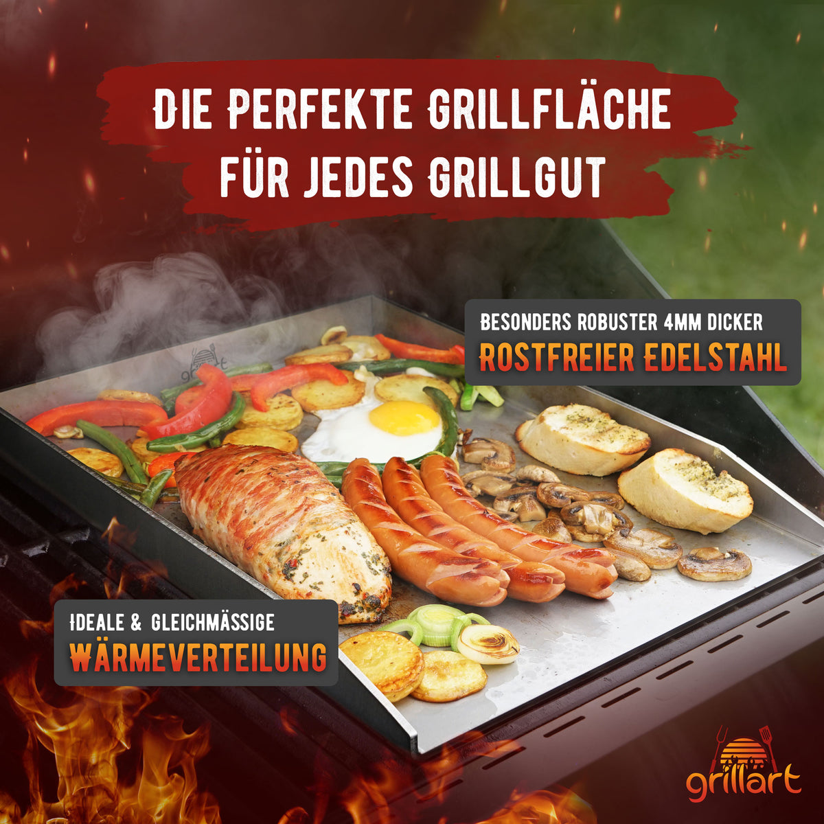 Plancha Grillplatte mit Grillspachtel 4mm Edelstahl – 30x40cm Induktion geeignet