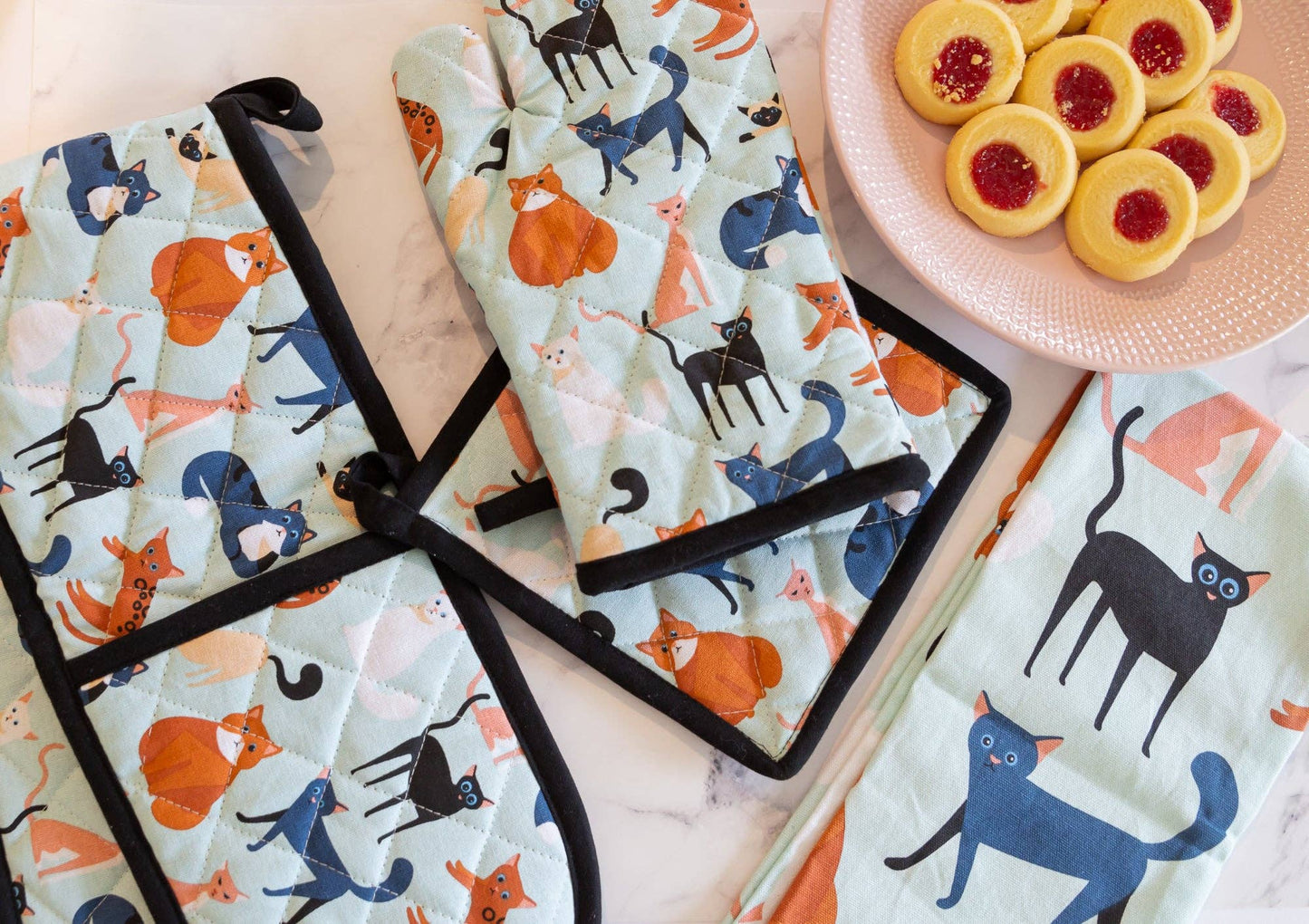 Ofenhandschuhen und Topflappen-Set, buntes Katzenmotiv