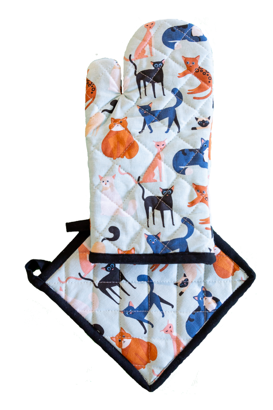 Ofenhandschuhen und Topflappen-Set, buntes Katzenmotiv