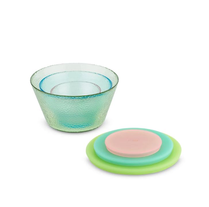 Glasbehälter 3er Set mit Silikondeckel rosa, hellblau, grün