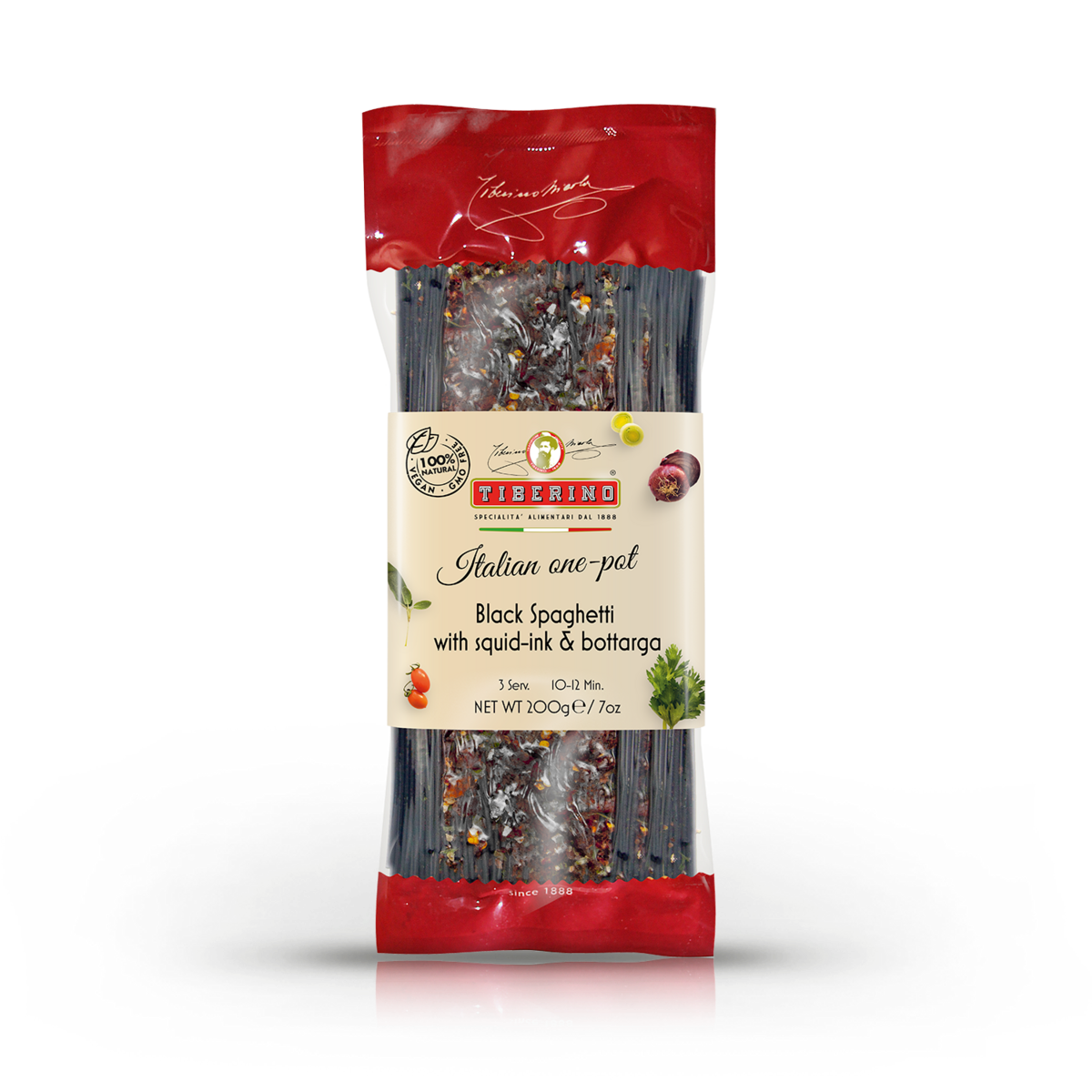 Schwarze Spaghetti mit Tintenfisch und Bottarga, kochenfertige italienische Pasta One Pot