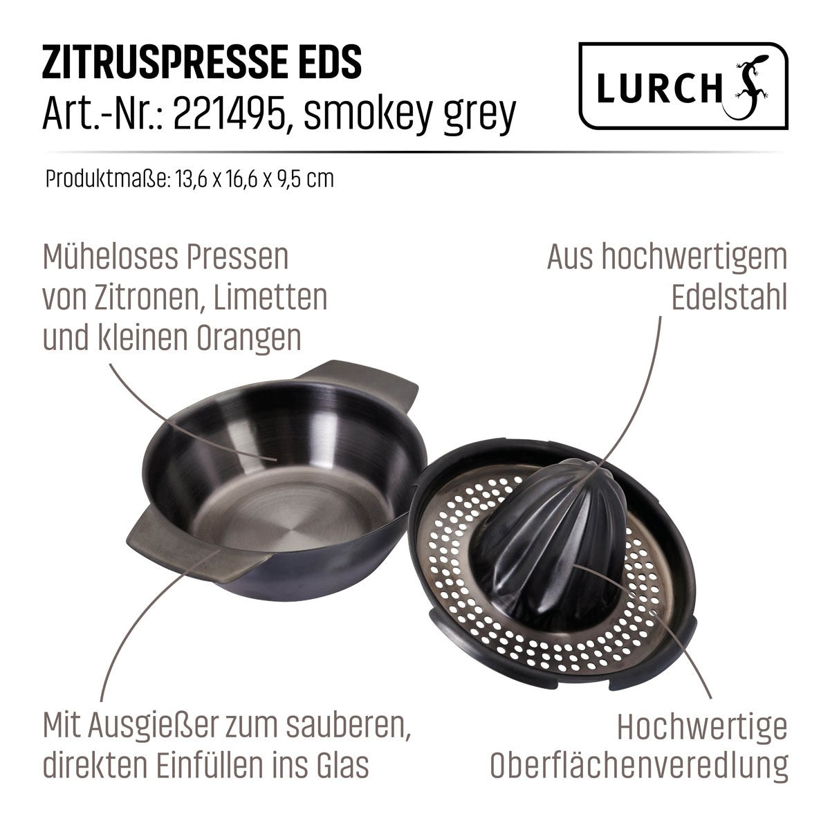 Zitruspresse smokey grey Edelstahl