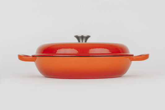 Bräter Gusseisen rund flach d. 30 Höhe 6 cm 3,2l. ofenrot