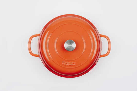 Bräter Gusseisen rund flach d. 30 Höhe 6 cm 3,2l. ofenrot