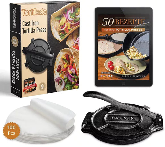 Tortillapresse 25cm aus Gusseisen + Pergament Papier 100 Stk. inkl. E-Book mit Rezepten