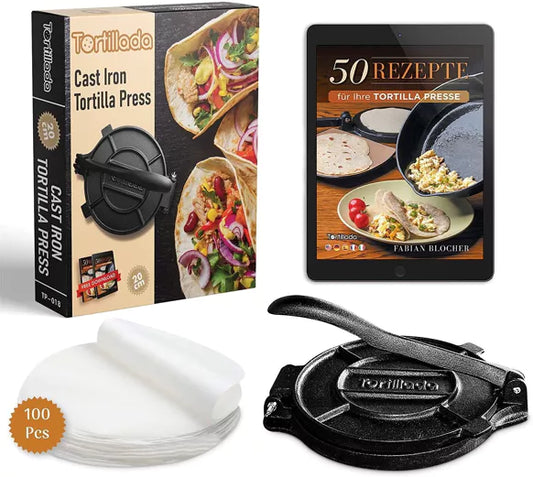 Tortillapresse 20cm aus Gusseisen + Pergament Papier 100 Stk. inkl. E-Book mit Rezepten