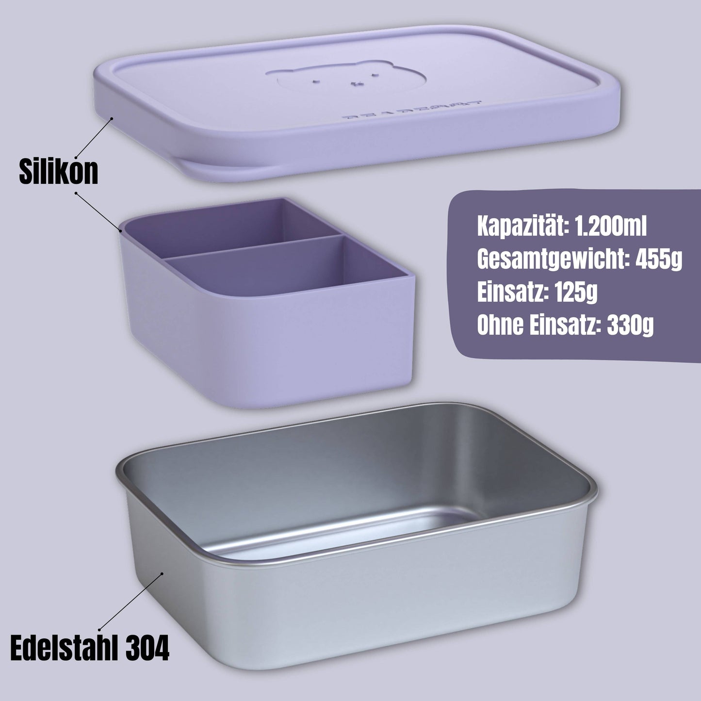 Brotdose Kinder Edelstahl mit Silikoneinsatz - Lavendel