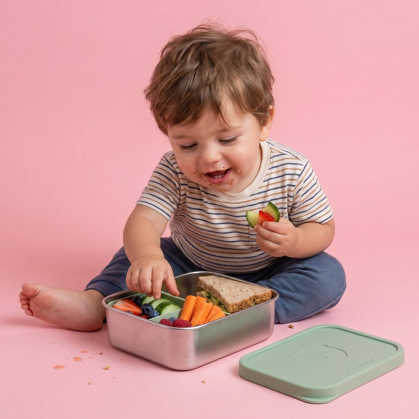 Brotdose Kinder Edelstahl mit Silikoneinsatz - Salbei