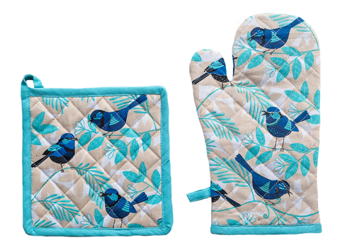 Ofenhandschuhen und Topflappen -Set Blue Wren