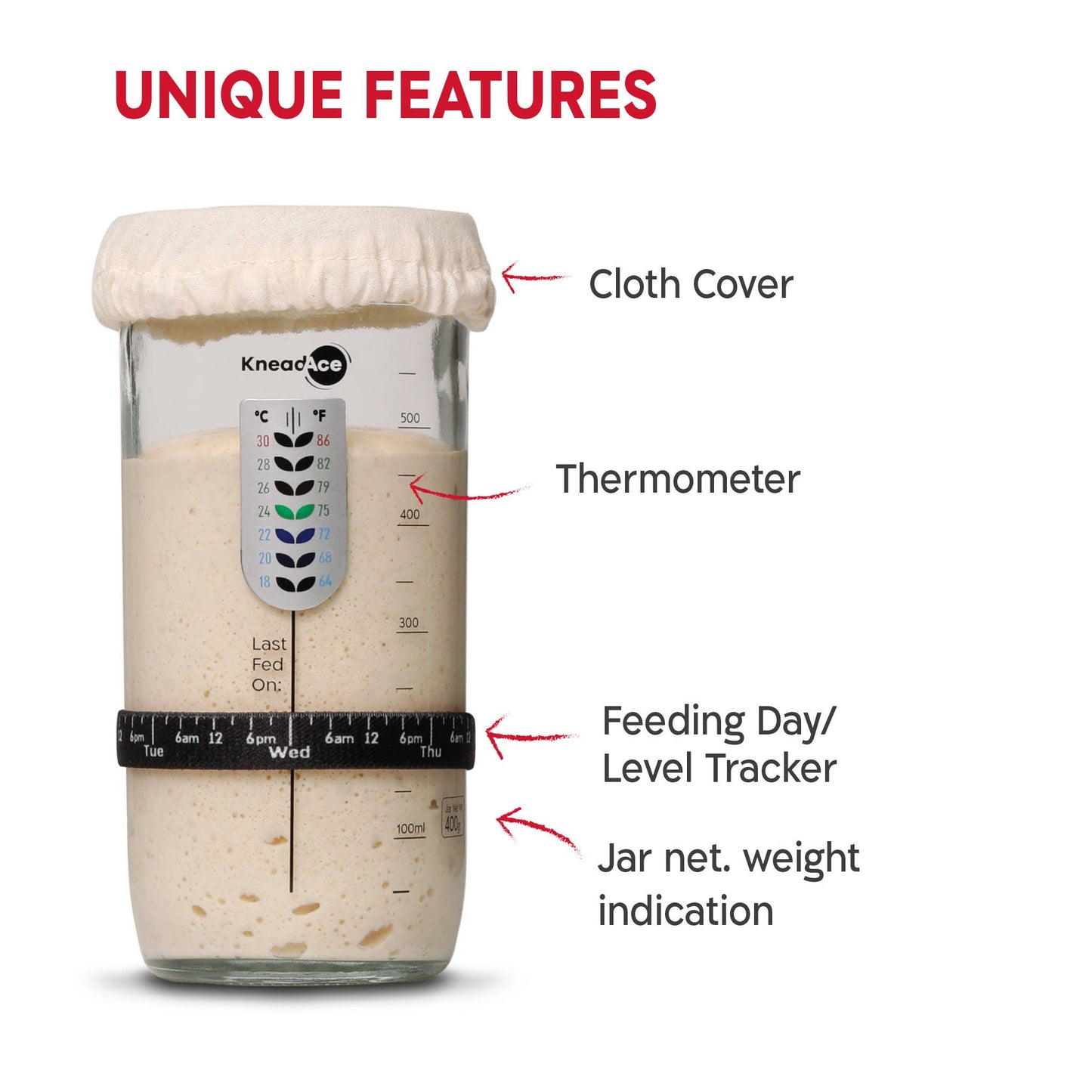 KneadAce Sauerteig-Set: 680g Glas, 2x ovale Gärkörbe aus Baumwolle, Bäckermesser