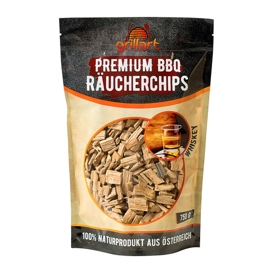 XL Premium Räucherchips Mix – sehr rauchaktives Räucherholz / Holzhackschnitzel Whiskey 750g.