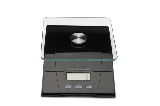 Küchenwaage mit Glasplatte Sockel schwarz bis 5 kg