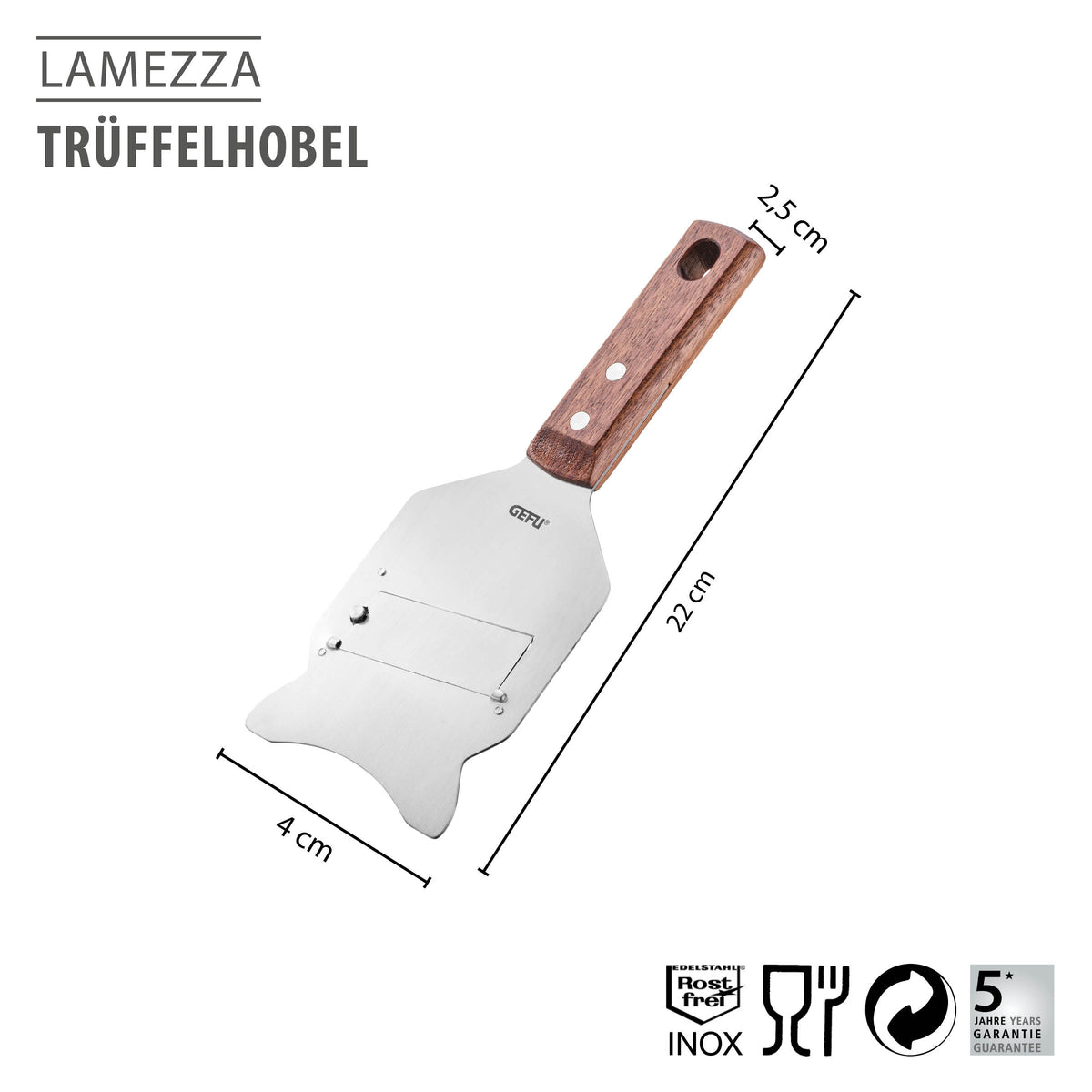 Trüffelhobel LAMEZZA Edelstahl / Walnussholz
