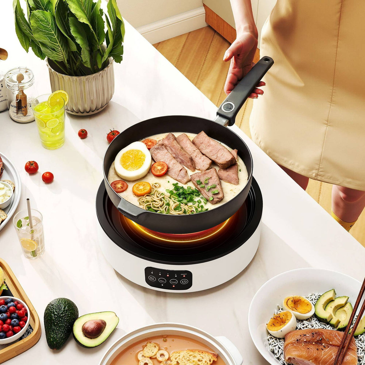 Dual-Keramikkochfeld-Tischgrill, 2-in-1 -Design, Weiß