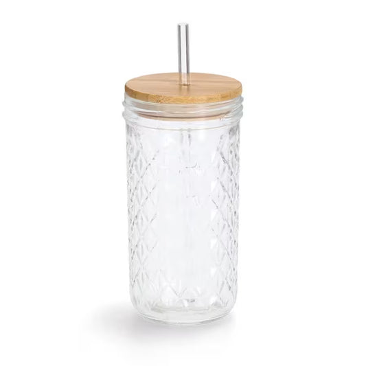 Trinkglas m. Bambusdeckel u. Glasstrohhalm