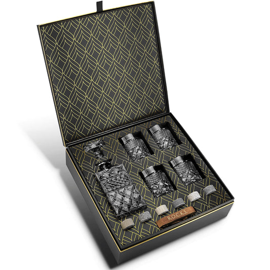 Whiskey Dekanter mit Gläsern & Chilling Stones Geschenk Set