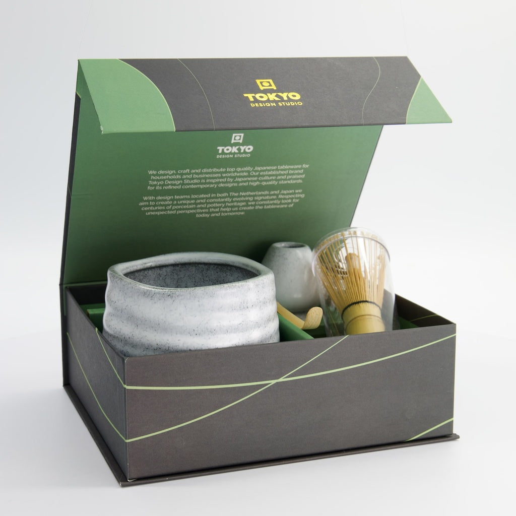 Matcha Schale Geschenkset, 4-tlg., 11 x 8 cm, Grau