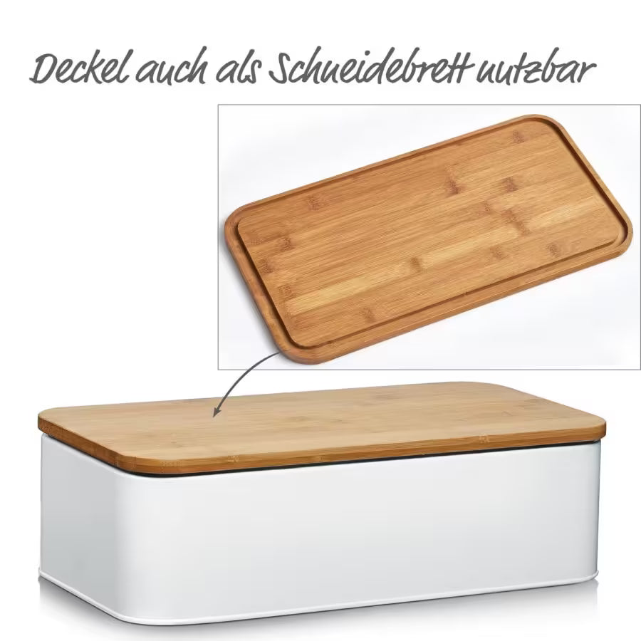 Brotkasten mit Bambusdeckel, Metall, matt weiß 45,5x23x13 cm