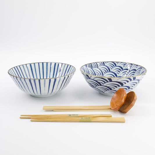 Ramen Schale Geschenkset, 6-tlg., Natsu, Blau/Weiß Ø 21x7,8cm 1000ml