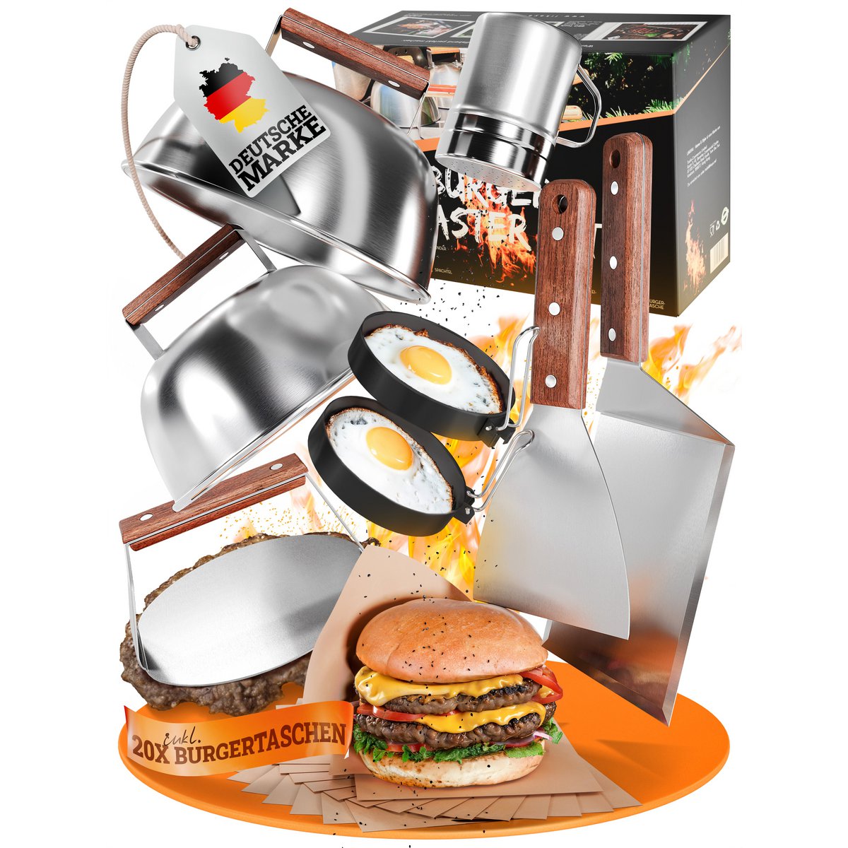 Smash Burger Master-Set XXL [9-TLG.] Edelstahl mit Akazienholz-Griffen für Plancha, Grillplatte, Gasgrill & Feuerplatte