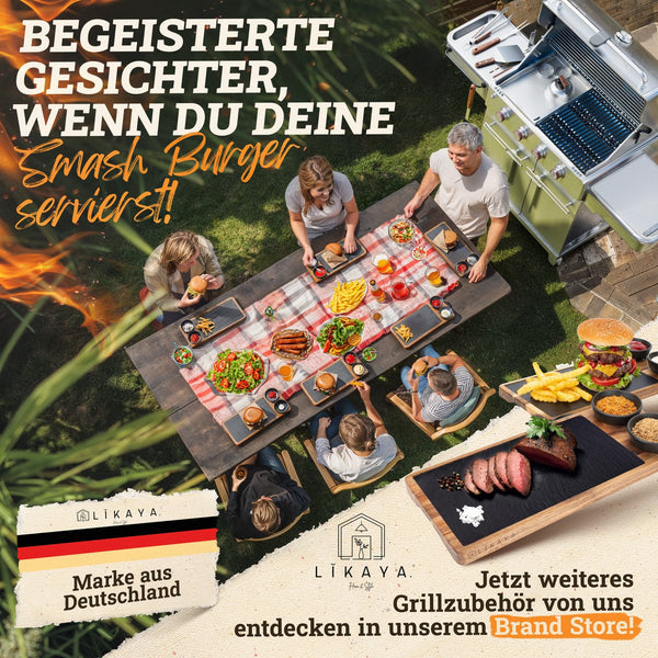 Burger Smasher & Grillspachtel Set [4-TLG.] Edelstahl mit Akazienholz-Griff für Plancha, Grillplatte, Gasgrill & Feuerplatte