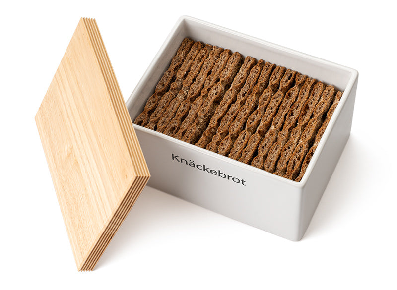 Vorratsdose weiß mit Holzdeckel für Knäckebrot 17,5 x 13,5 x 11 cm