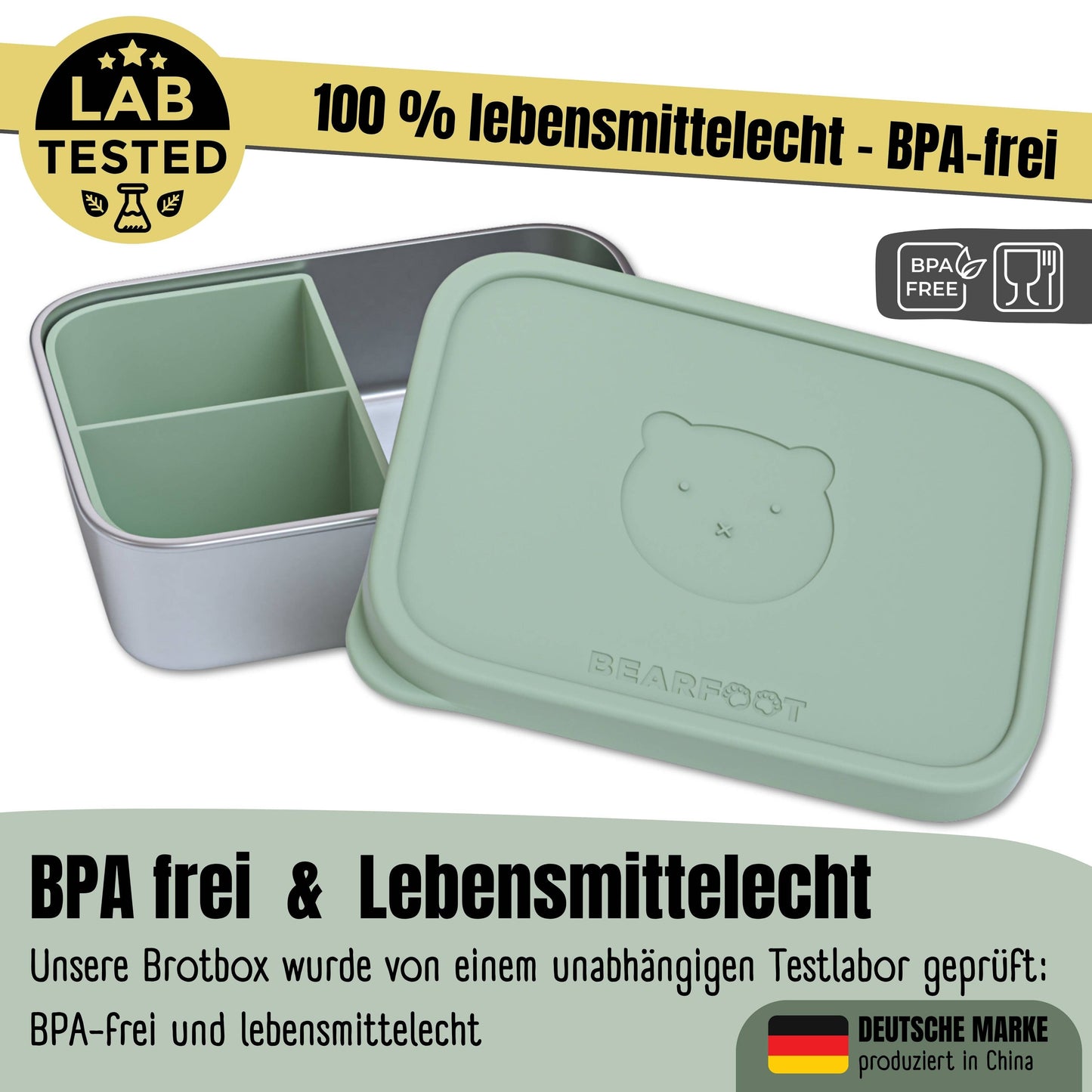 Brotdose Kinder Edelstahl mit Silikoneinsatz - Salbei