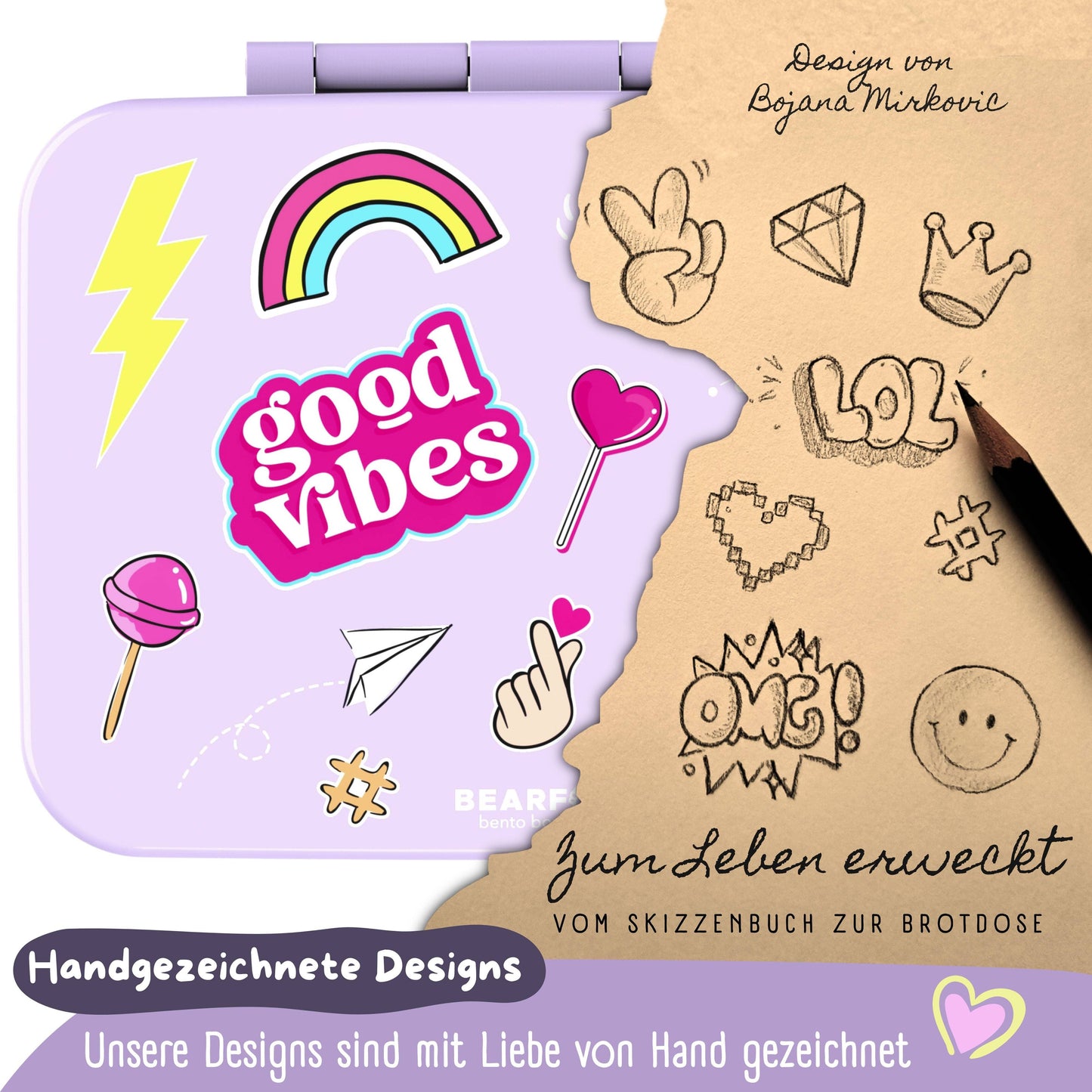 Brotdose mit Fächern, leicht & auslaufsicher - Sticker lila