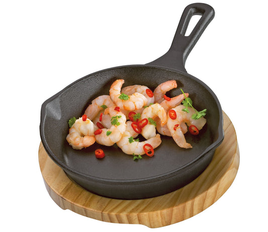 BBQ Servierpfanne rund mit Holzbrett