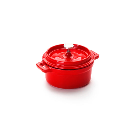Mini-Cocotte rund aus emailliertem Gusseisen, rot, d.10cm h.4,5 cm