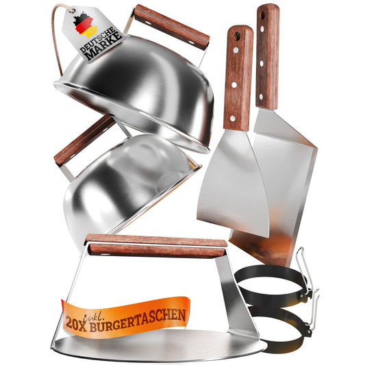 Smash Burger Master-Set XXL [9-TLG.] Edelstahl mit Akazienholz-Griffen für Plancha, Grillplatte, Gasgrill & Feuerplatte