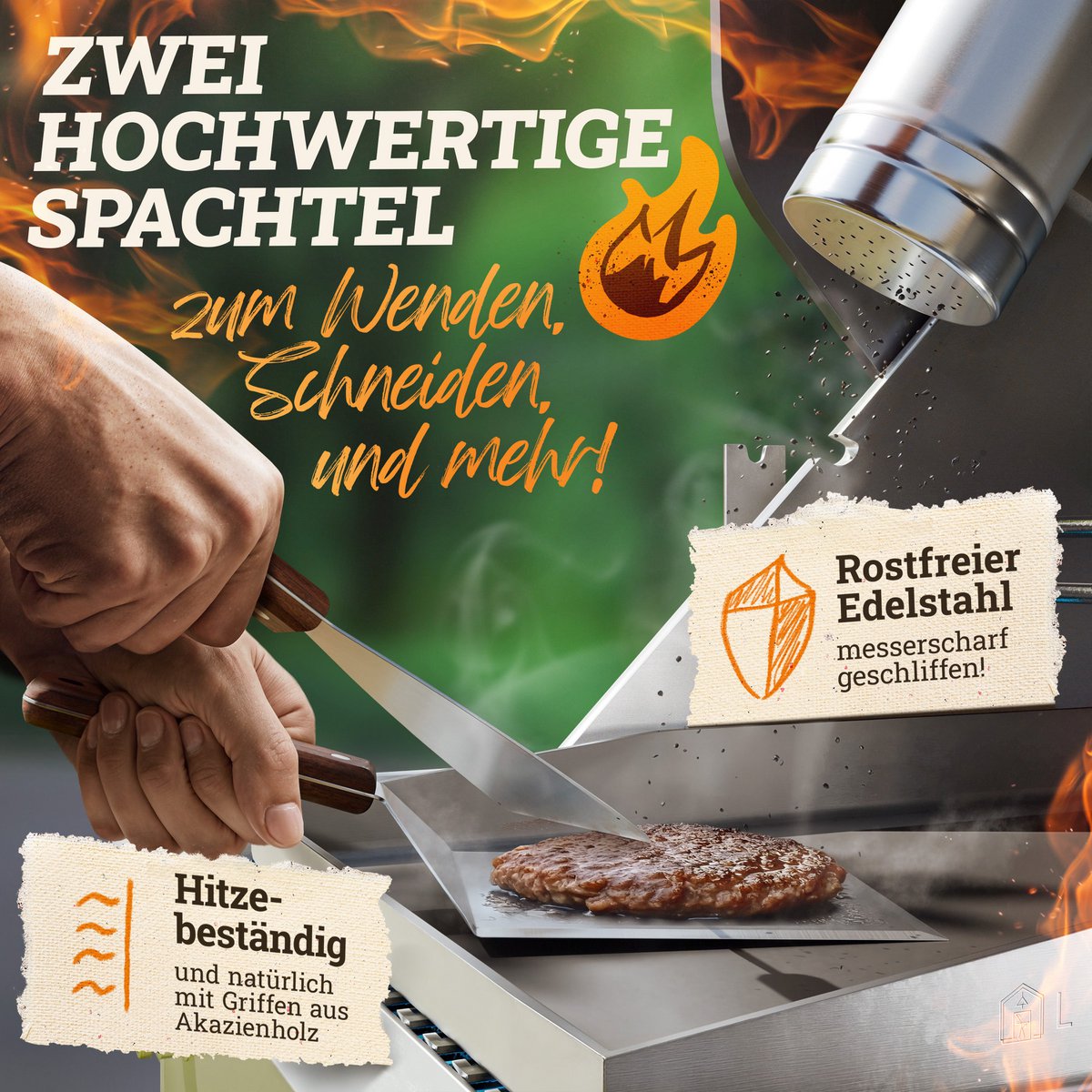 Burger Smasher & Grillspachtel Set [4-TLG.] Edelstahl mit Akazienholz-Griff für Plancha, Grillplatte, Gasgrill & Feuerplatte