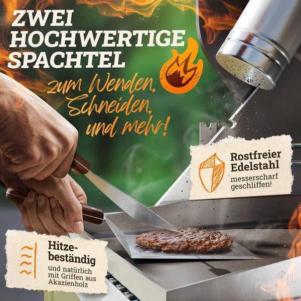 Burger Smasher & Grillspachtel Set [4-TLG.] Edelstahl mit Akazienholz-Griff für Plancha, Grillplatte, Gasgrill & Feuerplatte