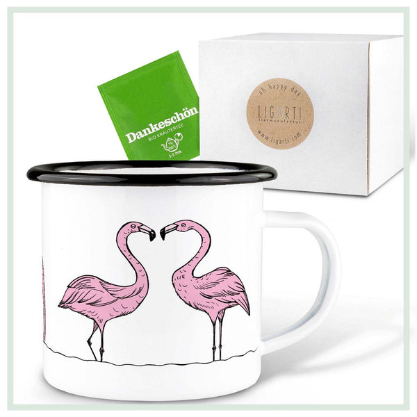 Emailletasse – Flamingoparade