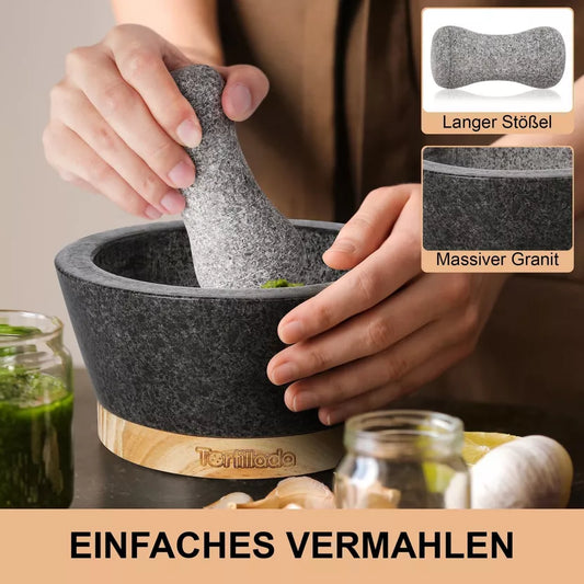 Mörser mit Stößel Set aus Granit/Holz