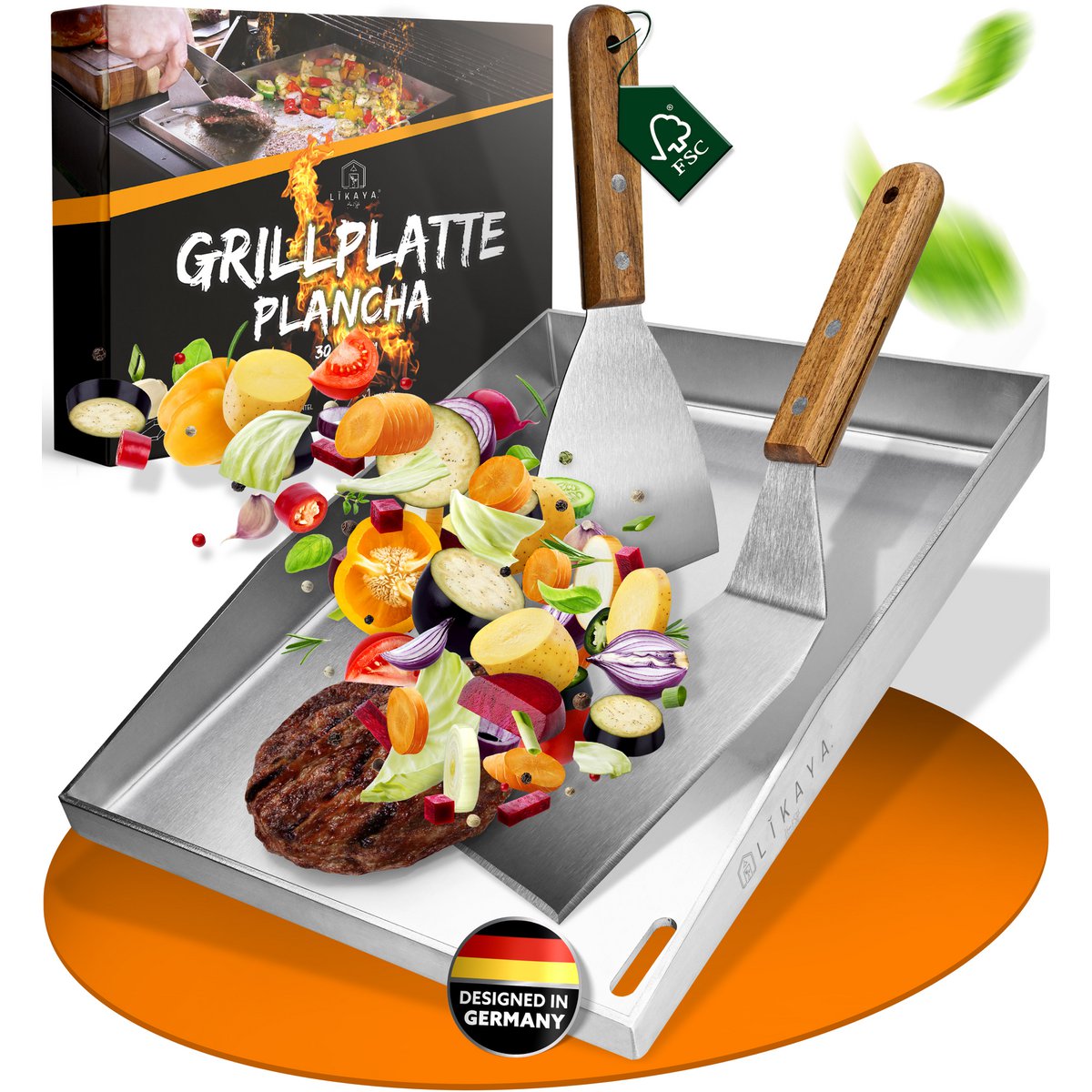 Grillplatte/Plancha [30 x 40 x 4cm] inkl. 2x Grillspachteln