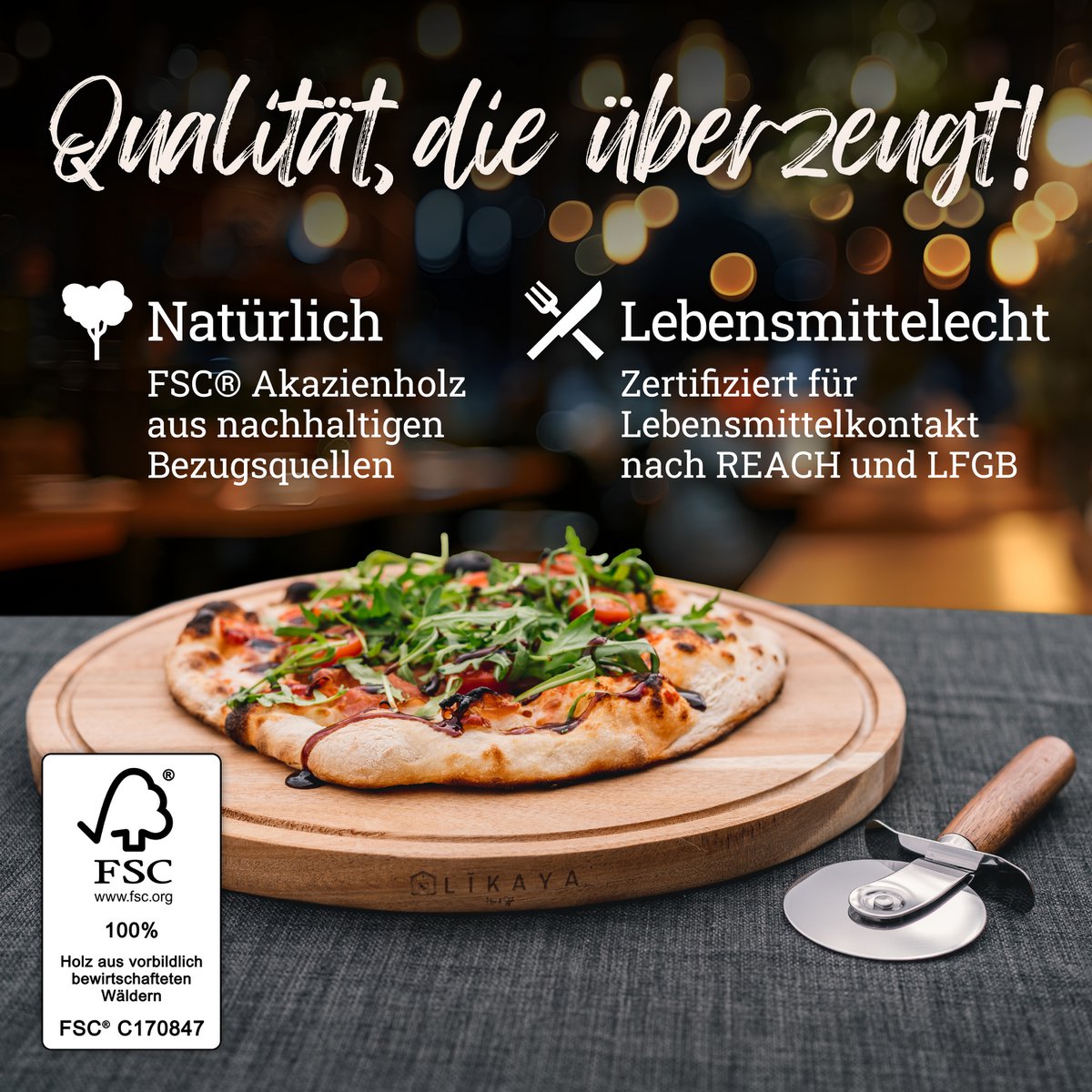 Pizzabrett 'MARIO' 2er Set rund mit Pizzaschneider [⌀35cm] aus FSC®-zertifiziertem Akazien-Holz