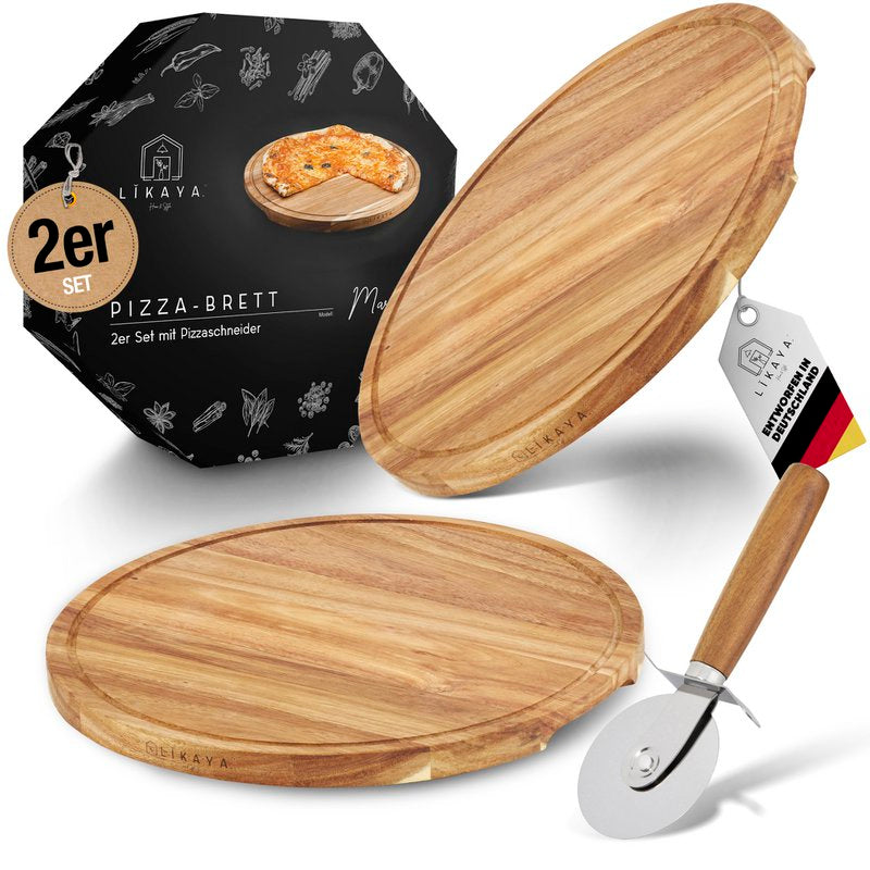 Pizzabrett/Pizzateller 'MARIO' 2er Set rund mit Pizzaschneider [⌀35cm groß] aus FSC®-zertifiziertem Akazien-Holz
