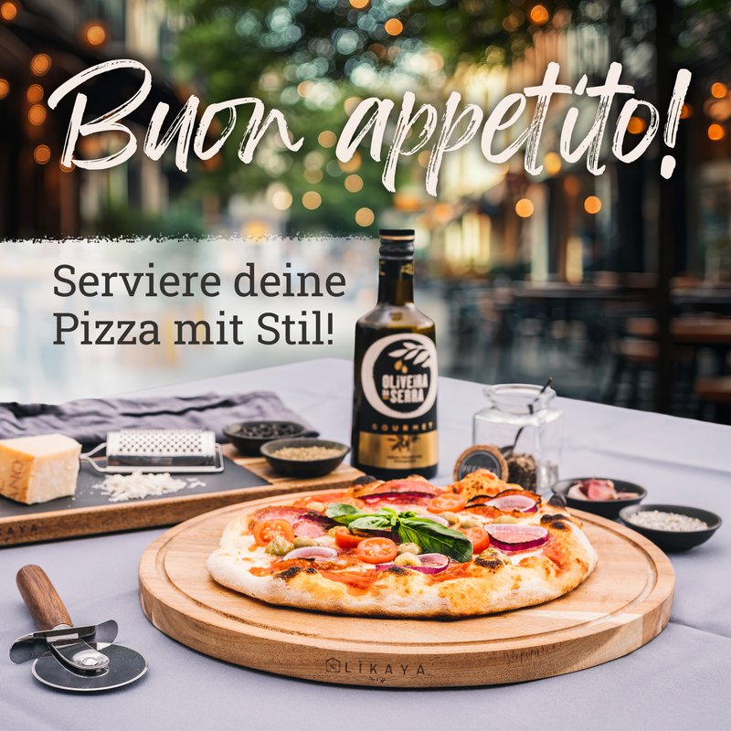 Pizzabrett/Pizzateller 'MARIO' 2er Set rund mit Pizzaschneider [⌀35cm groß] aus FSC®-zertifiziertem Akazien-Holz
