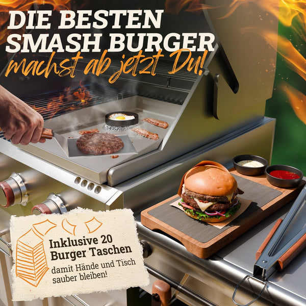 Burgerglocken-Set [3-TLG.] für Smash Burger aus Edelstahl & Akazienholz-Griffen für Plancha, Grillplatte, Gasgrill & Feuerplatte