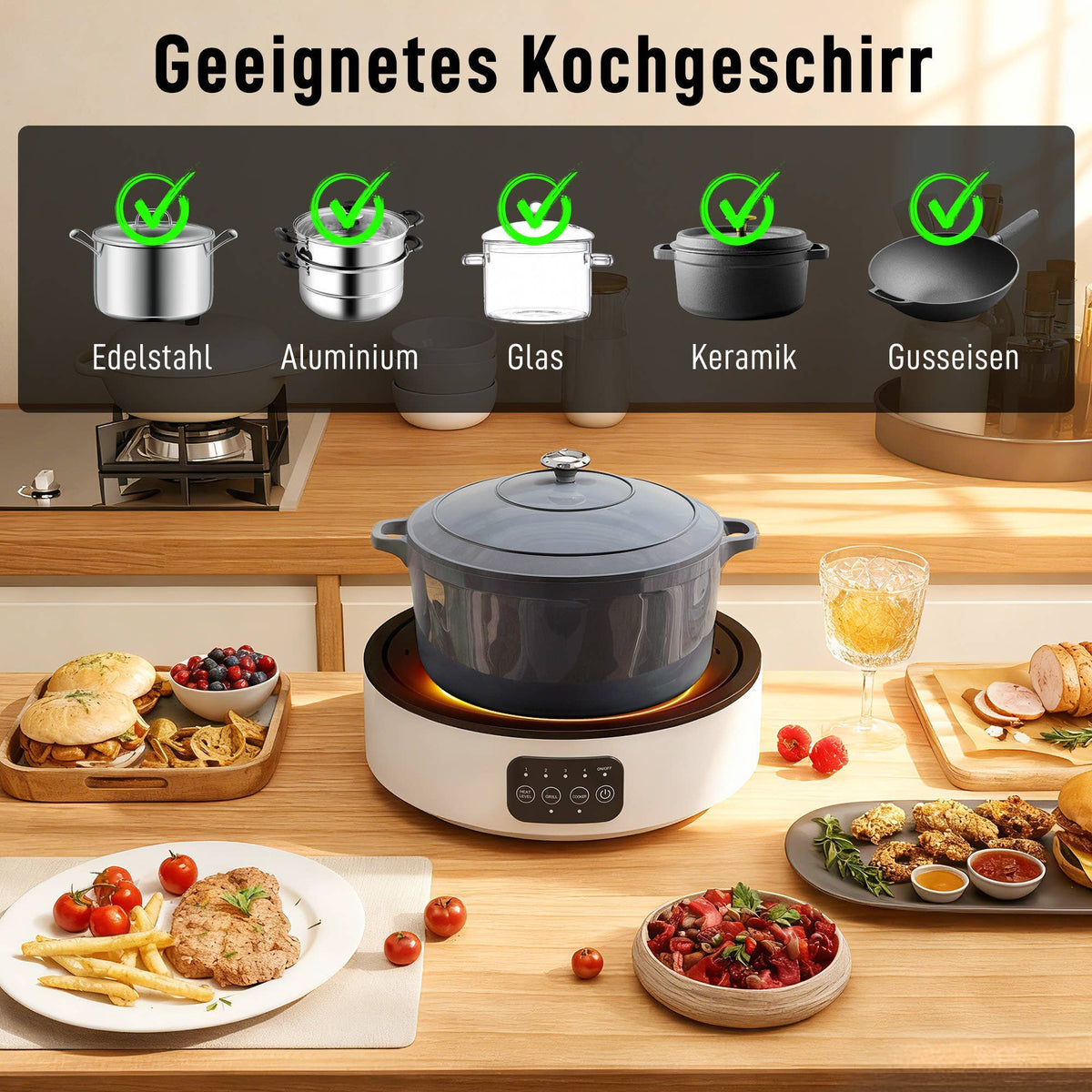 Dual-Keramikkochfeld-Tischgrill, 2-in-1 -Design, Weiß