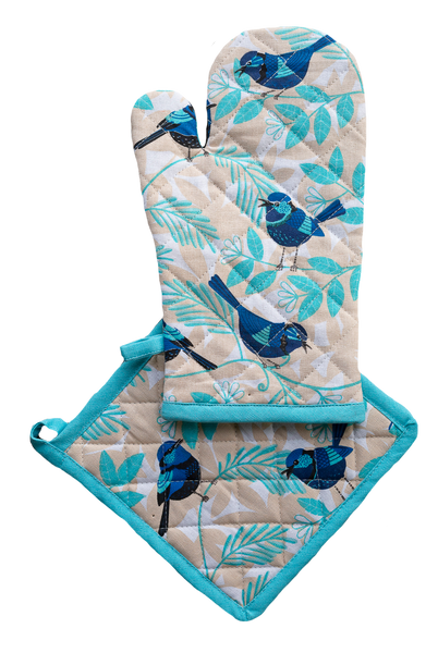 Ofenhandschuhen und Topflappen -Set Blue Wren