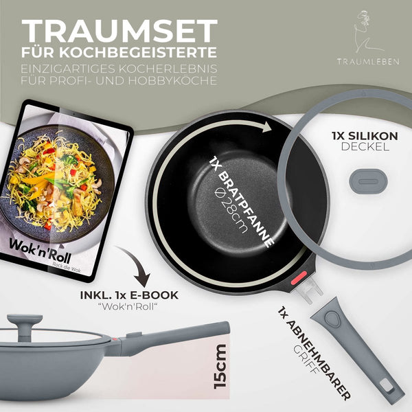 Wokpfanne 28 cm mit abnehmbarem Griff (grau)