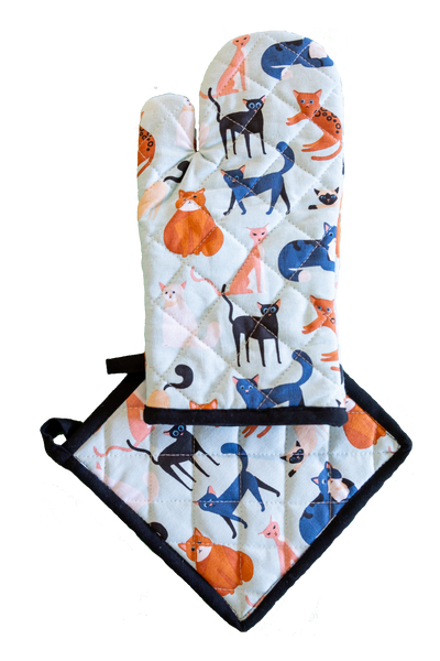 Ofenhandschuhen und Topflappen-Set, buntes Katzenmotiv
